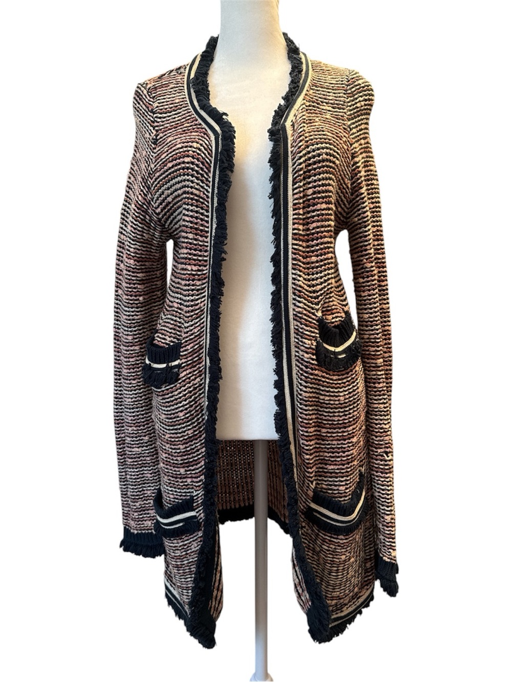 Moth Open-Front Pink and Black Fringe Trim Cardigan